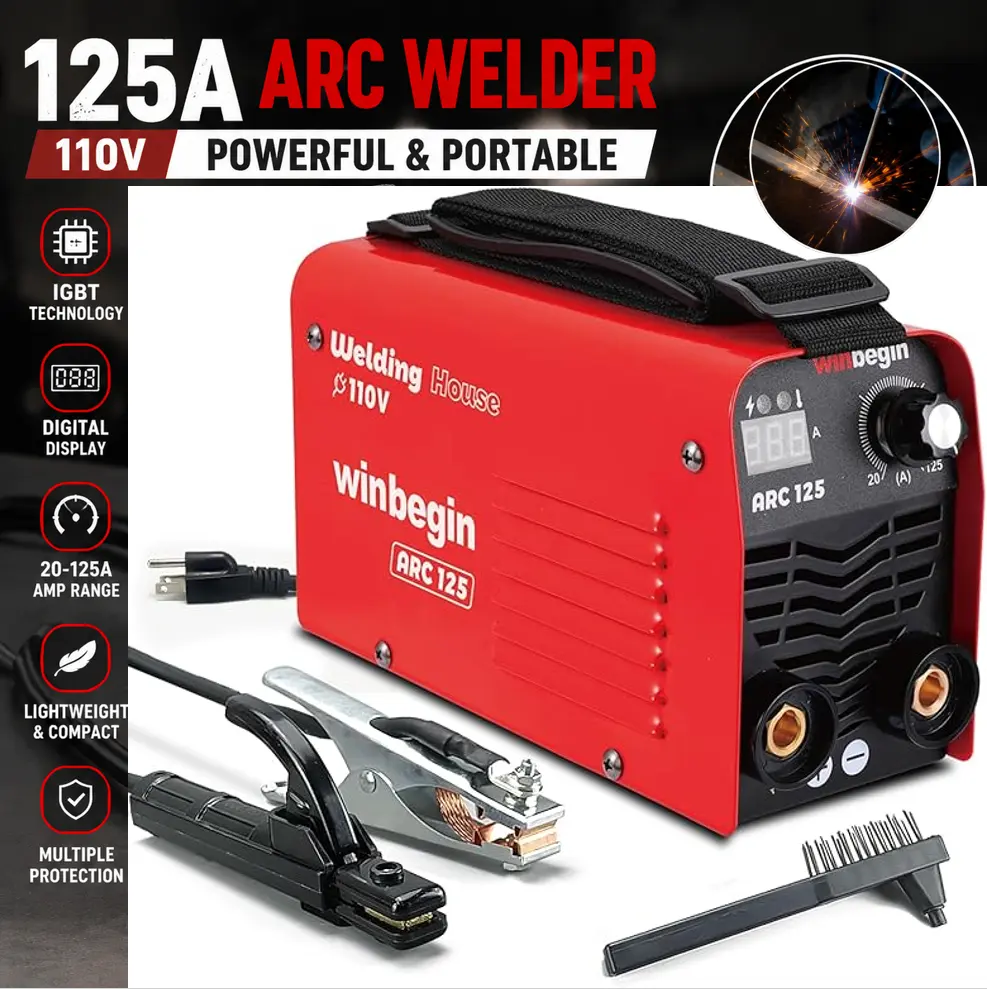125A Portable ARC Welder, 110V Compact MMA Stick Welding Machine with Digital Display, Long Duty Cycle for Extended Welding Jobs, Beginner-Friendly Controls, Compatible with E6013 & E7018 Electrodes, Lightweight Welder for Home, Garage & Outdoor Repairs