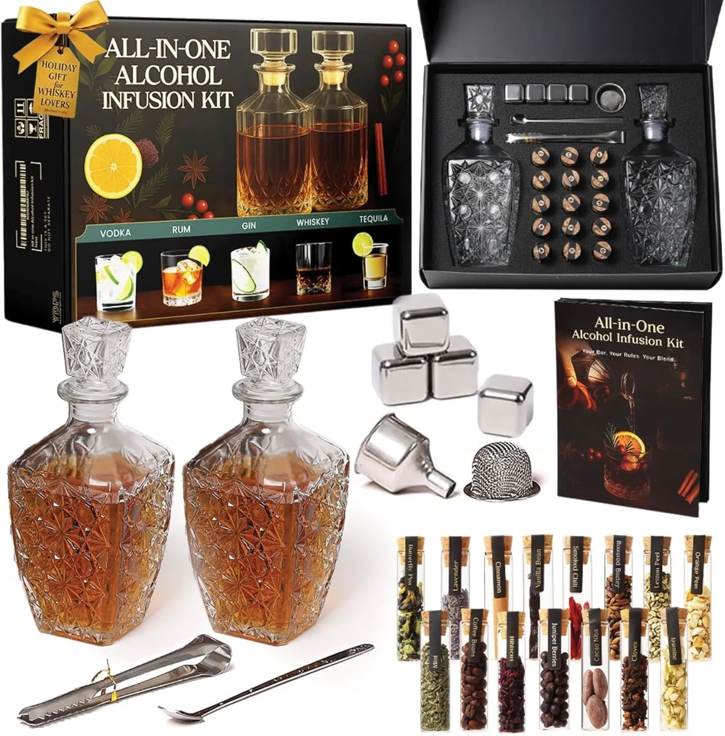 Alcohol Infusion Kit for Whiskey, Tequila, Rum, Gin & Vodka - Gifts for Men | Including User Manual - DIY Make Your Own Whiskey - Alcohol Gifts For Dad - Drink Making Kit and Cocktail Infusion Set