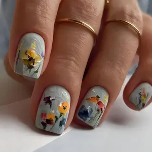 24x Spring Artificial Nail Short Square Press On Nails 3D Flower False Nails