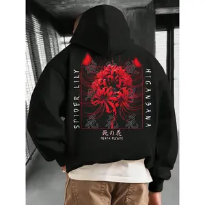 Spider Lily Higanbana Hoodie Red Flower Graphic Sweatshirt - Anime Aesthetic Death Flower Pullover Apparel for Men Women Unisex, Japanese Soft Grunge Goth Harajuku Streetwear Black Hooded Jumper with Pocket, Vintage Gift