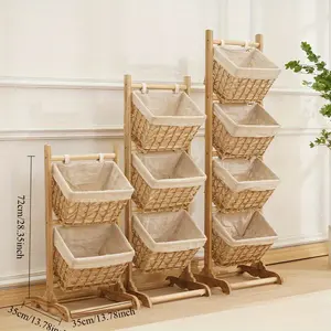 Rattan Hanging Basket Paired with Sycamore Wood Storage Rack - Multi-Layer Floor Design, Ideal for Bedroom and Bathroom Organization Organiser Wooden