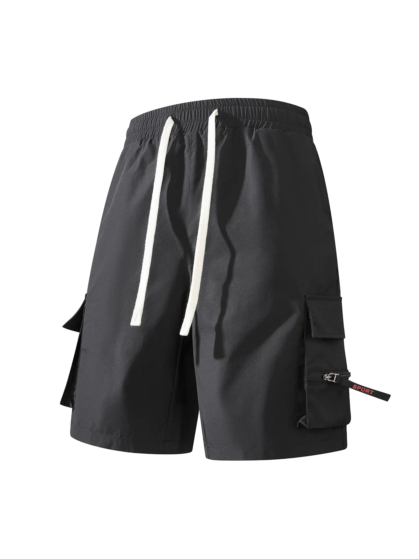 Men's Black Baggy Cargo Parachute Shorts, Soft Patterned Patch Pocket Athletic Jogger Running Summer Shorts for Streetwear Casual Skater Campus Back to School Trendy Outfits