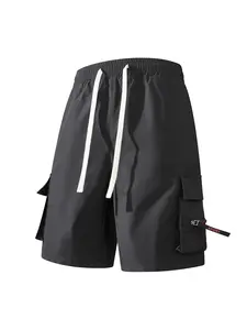 Men's Black Baggy Cargo Parachute Shorts, Soft Patterned Patch Pocket Athletic Jogger Running Summer Shorts for Streetwear Casual Skater Campus Back to School Trendy Outfits