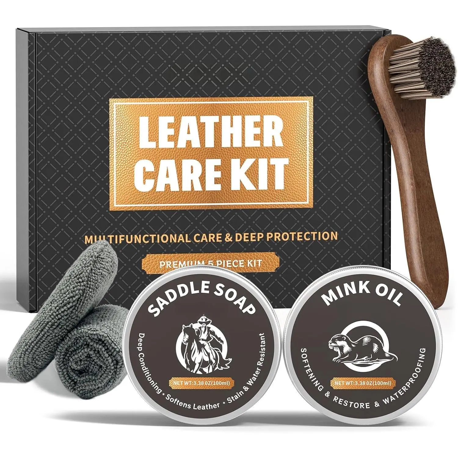 Leather Boot Care Kit, 5- Set with Saddle Soap,  Oil, Applicators & Cloth, Leather Cleaner and Conditioner for Boot, Shoes, Bags, Furniture, Mens Dad Christmas Birthday Gifts Ideas