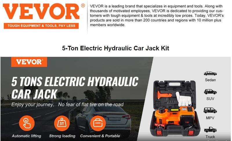 Product Introduction of VEVOR 12 in 1 Electric Car Jack Set, Max 5 Ton/11023 LBS Hydraulic Jack with Electric Impact Wrench, Built-in Inflatable Pump and LED Light, Portable Car Lift for SUV MPV Sedan Truck Change Tires Garage Repair 14