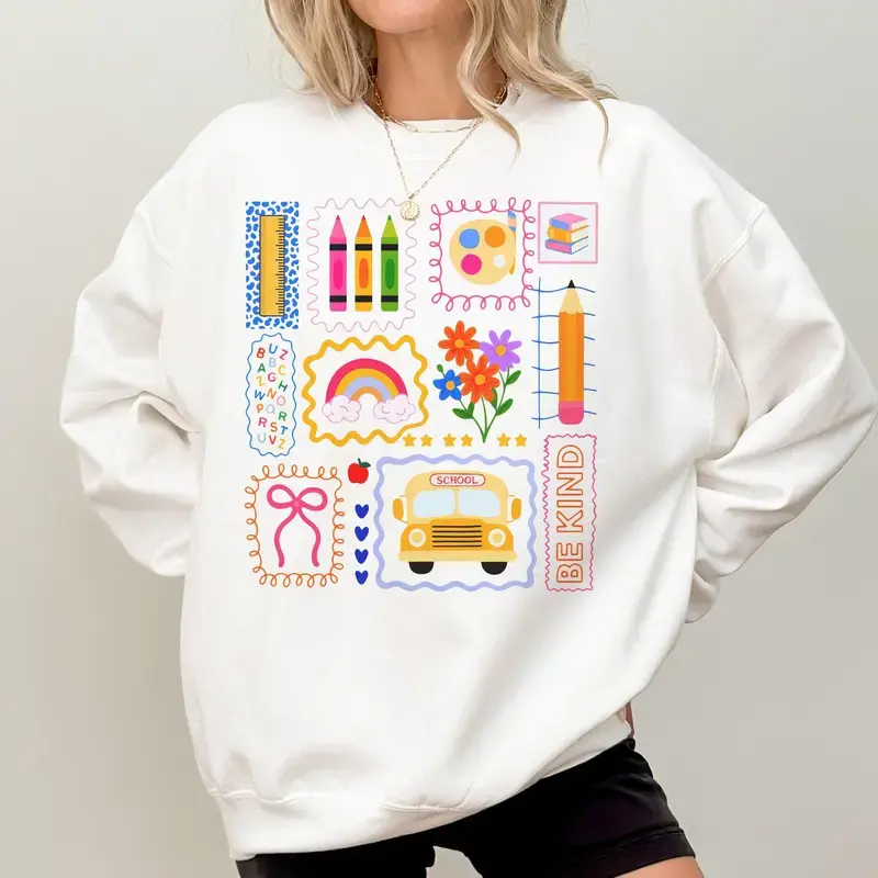 Women's Preppy Coquette Doodle Printed Cotton Hoodie - Long-Sleeve, Colorful Fitted, Pocketed, Casual Back-to-School Haul Top, Teacher Clothes, Outdoors Girly Gift, Cutesy Aesthetic, Cartoon Style, Crew Neck, Cute Cartoon Women's Pullover Sweatshirts, Tha