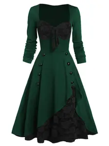 Green 1950s Lace Patchwork Swing Dress with Long Sleeve Gothic Style Summer Dress Featuring Floral Lace Stitching and Concealed Zipper Skirt Womenswear