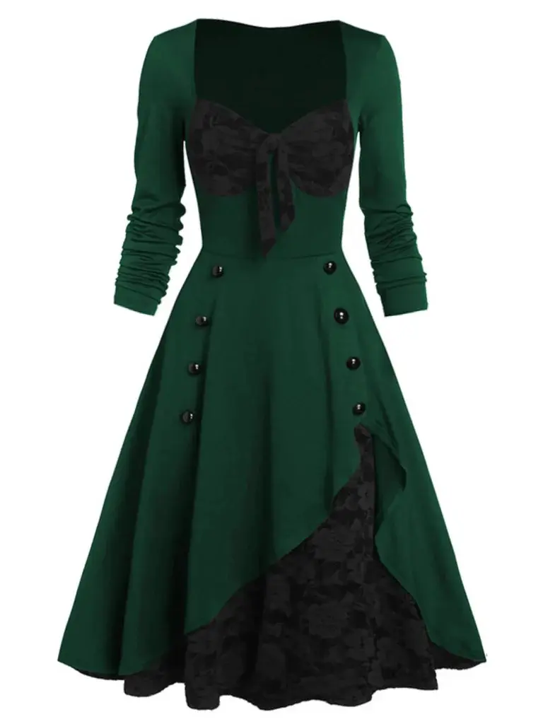 RETRO STAGE Women's 1950s Green Long-Sleeve Gothic Spandex-Polyester  Patchwork Swing Dress, Elegant Casual Wear with Floral Lace Stitching,  Concealed Zipper - TikTok Shop