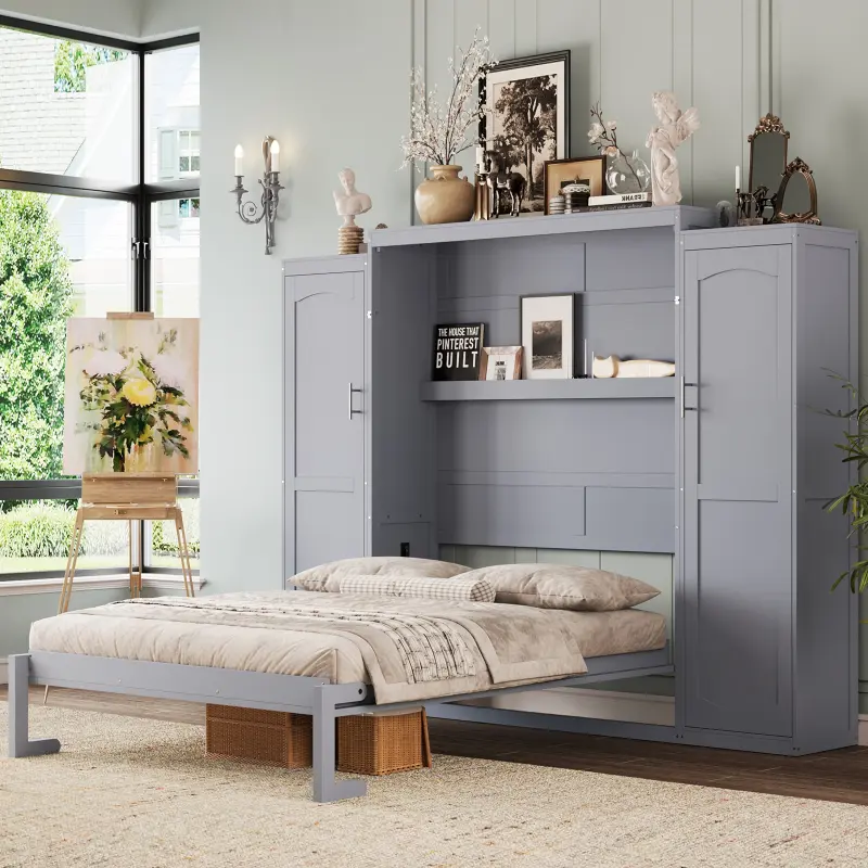 Full Size Murphy Bed, Wooden Full Wall Bed with 2 Wardrobe and Storage Shelf, Multifunctional Foldable Platform Bedframe for Guest-Room, Bedroom, Gray