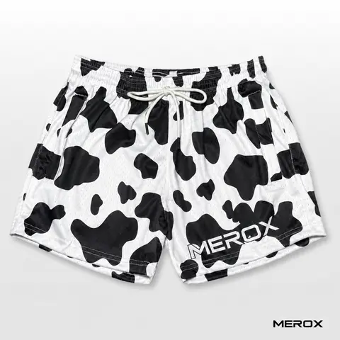 MEROX Unisex Black & White Cow Print 5-Inch Mesh Shorts - 5-inch in-seam men's sports shorts with zipper pockets, active, animal print, athletic graphic, mesh construction for gym, streetwear & outdoor use, Active Sports Shorts