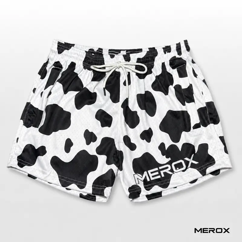 MEROX Unisex Black & White Cow Print 5-Inch Mesh Shorts - 5-inch in-seam men's sports shorts with zipper pockets, active, animal print, athletic graphic, mesh construction for gym, streetwear & outdoor use, Active Sports Shorts