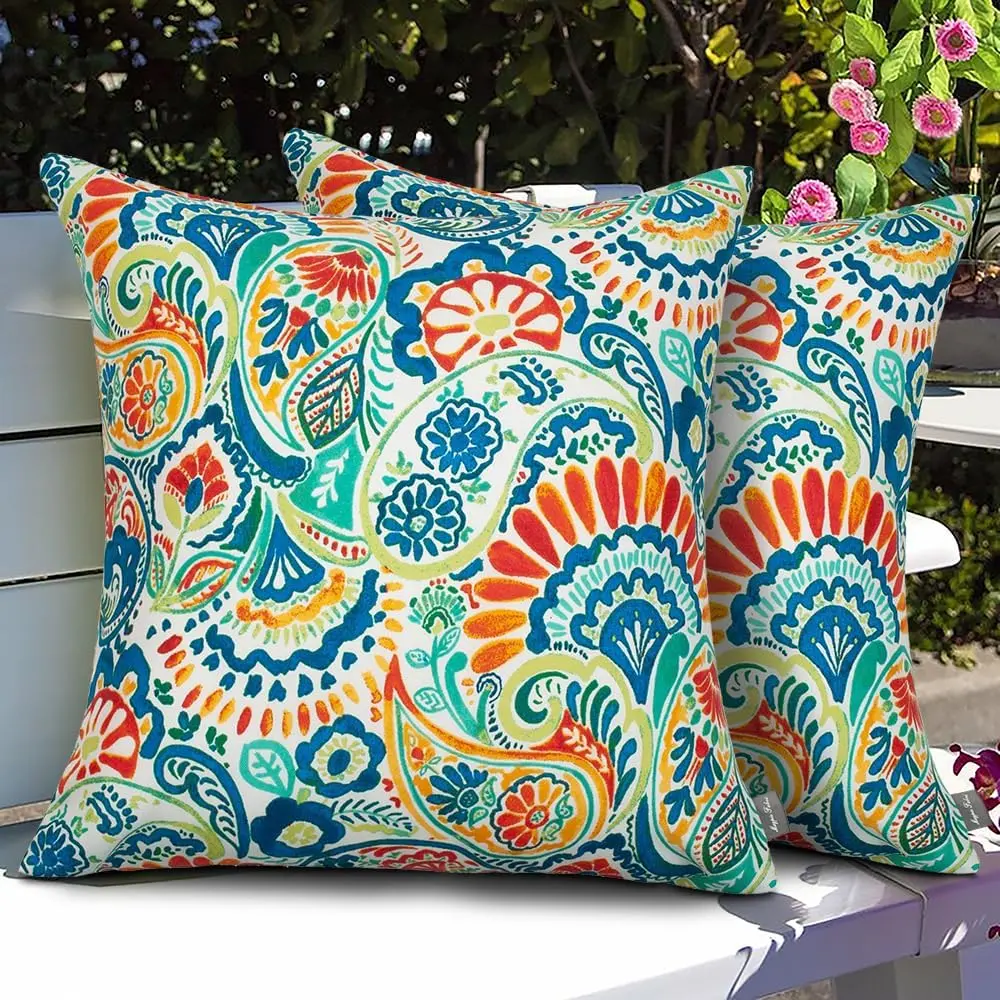 Patio Pillow with Insert 18"x18", Set of 2, Fade-Resistant Outdoor Indoor Cushion Decorative Throw Pillow Decoration for Couch Garden Furniture - Paisley Multi