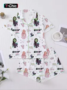Women's Wicked2 Sleepwear Set, Short Sleeve Button-Down Top & Elastic Shorts, Casual All Season Print Pajamas, Fashionable Loungewear