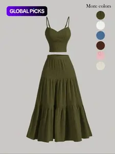 Women's Solid Crop Cami Top & A-line Skirt Two-piece Set, Casual Fashion Cozy Two Piece Outfits for Daily Outdoor Wear, Ladies Clothes for Summer
