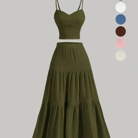 【Black Friday】Women's Solid Color Crop Cami Top & A-Line Skirt, Casual Fashion Two-Piece Set, Cozy Basic Outfit for Daily Outdoor Wear, Ladies Clothes for Summer, Womenswear