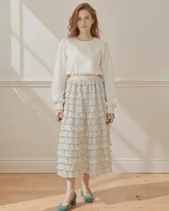 Women's White Tiered Polka Dot Ruffle Mesh Skirt - Lightweight Elastic Chiffon Loose-Fitting Women's Bottoms Clothes