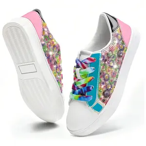 Girls' Glittery Low-Top Chunky Platform Trainers - PU Leather Footwear with Colorful Shoelaces, Sparkly Print Kids' Fashion Sneakers