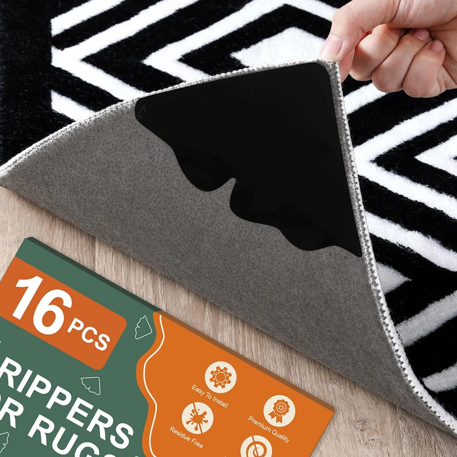 16 PCS Rug Gripper for Hardwood Floors Non-Slip, Reusable Rug Corners to Hold Down, Adhesive Pu Removable for Wood Floor, Corner Grippers Rug Grip
