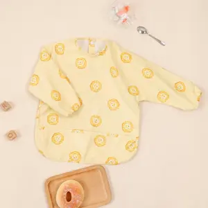 Baby's Cartoon Animal Print Long Sleeve Bib, Cartoon Print Bib with Pocket Design, Baby Bibs for Toddler Kids