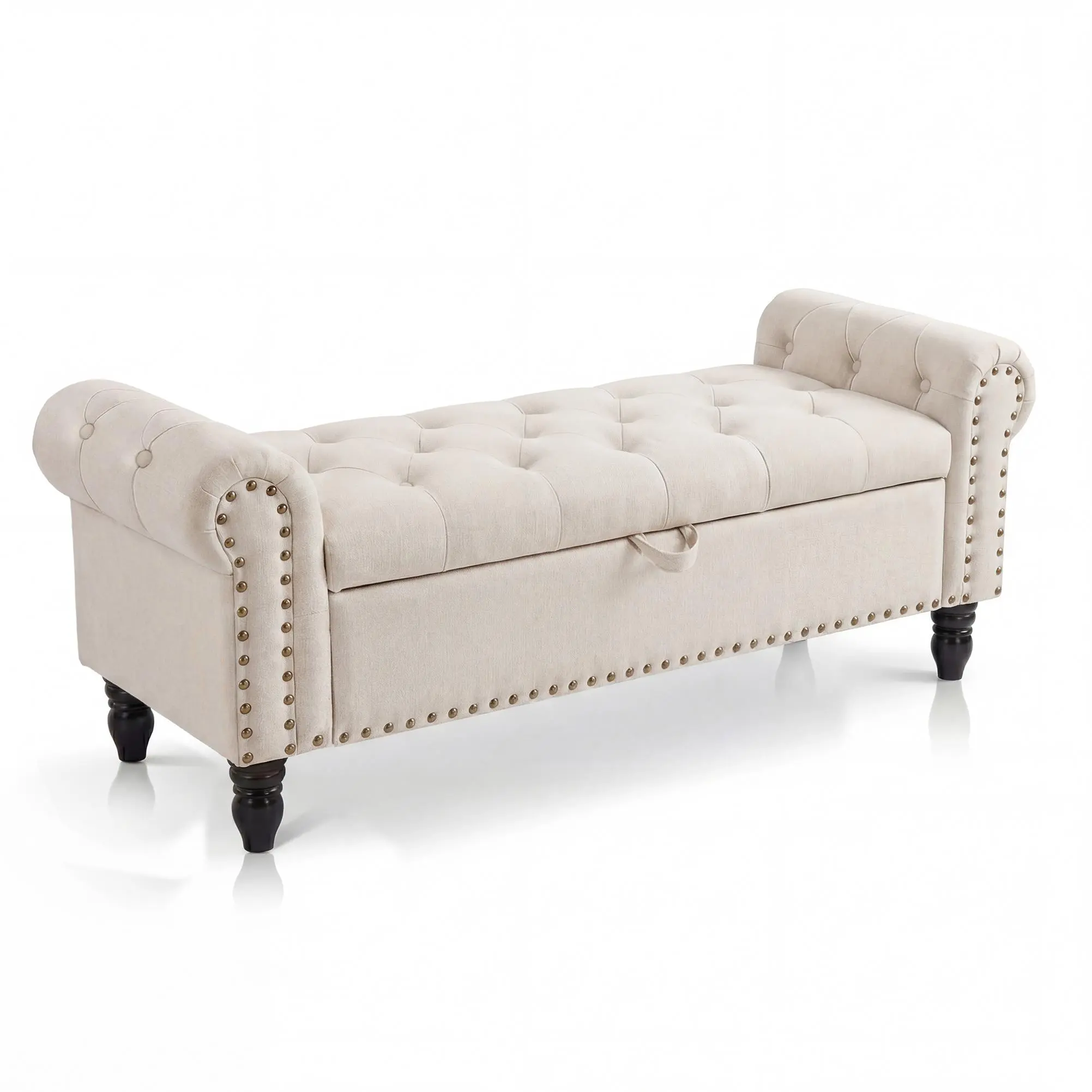51in Bedroom Storage Bench for End of Bed, Upholstered Ottoman Bench with Button Tufted Design and Rolled Arms, Anti Cotton and Linen Entryway Bench with Safety Hinge for Bedroom, Living Room, Closet