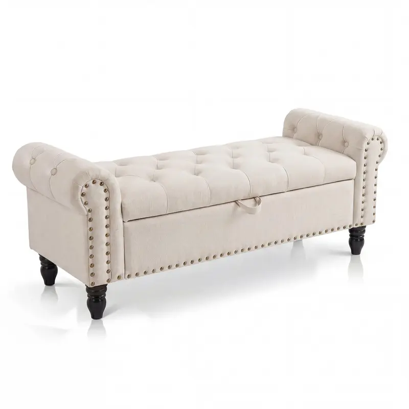 51in Rectangular Single-Seat Upholstered Ottoman Bench - Cotton-Linen Fabric, Button Tufted Design, Rolled Arms, 20.5in Easy-Move Indoor Furniture, Safety Hinge, Extended Storage, Footstool with Storage, Living Room Decor, Room Decor