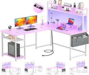L Shaped Gaming Desk with Power Outlets & LED Lights, Small L- Shaped Desk Computer Corner Desk with Monitor Stand & Storage Shelf,