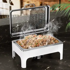 KSCOCINA 9.5QT Square White Chafing Dish, Stainless Steel Buffet Warmer with Transparent Hydraulic Lid, 304 Food Pan for Parties & Catering Events