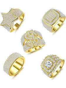 5pcs Gold Plated Bling Pinky Ring Simulated Diamond Iced Out CZ Punky Rappers Star Dollar Sign Hip Hop Ring for Men