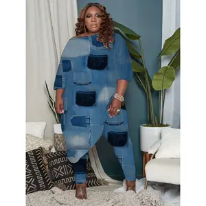 Plus Size Casual Outfits Two Piece Set, Women's Plus Denim Print Half Sleeve One Shoulder Tunic Top & Leggings Outfits 2 Piece Set