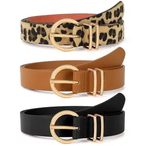 3 Pack Women's Leather Belts for Jeans Dresses Ladies Waist Belt with Fashion Golden Buckle