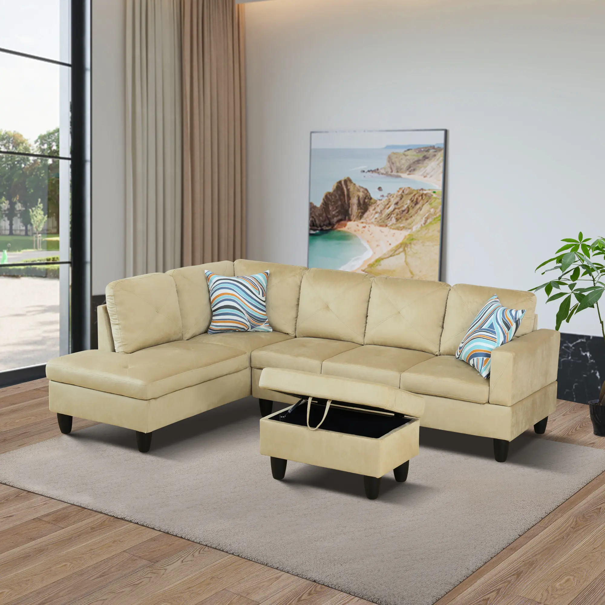 Beige Microfibre 3-Piece Compact Sofa Set - Sturdy Compact Living Room Furniture, Fixed Arms, Seats 5, Small Home Space-Friendly, Assembly Required