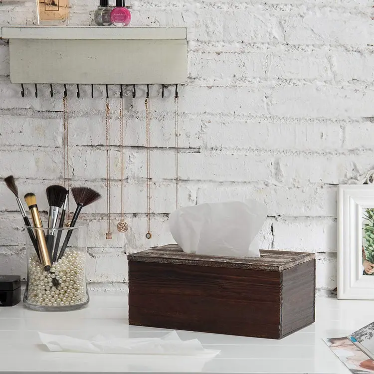 Rectangular Rustic Distressed Torched Wood Tissue Box Holder