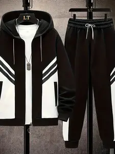 Casual polyester fiber men's hooded sports suit with pocket details, solid color long sleeved knitted fabric, slightly elastic, regular style hooded sweatshirt and pants set