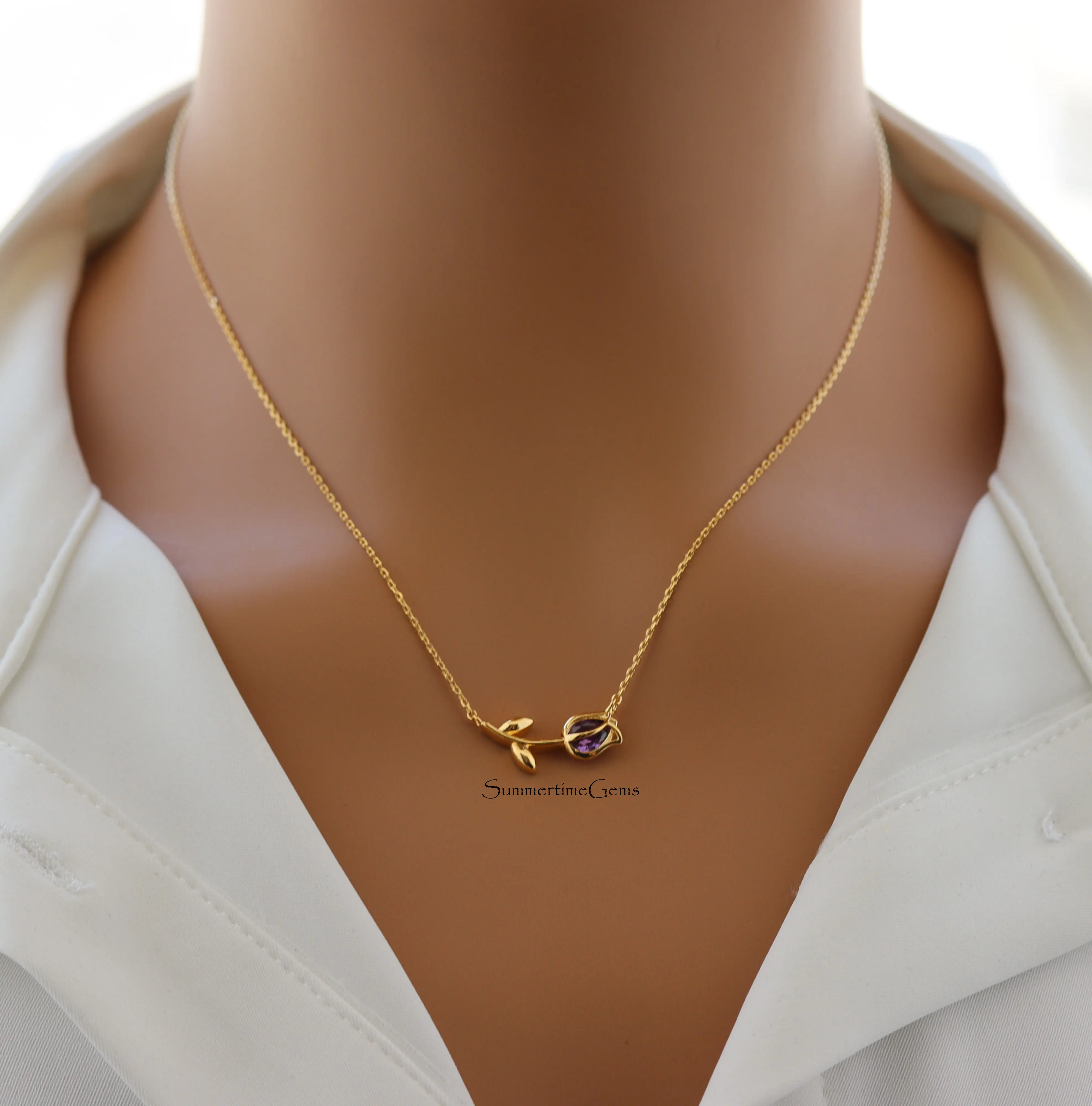 18K Gold Plated February Amethyst Birthstone Tulip Pendant Necklace – Elegant Jewelry Gift for February Birthdays