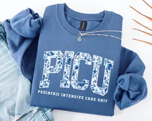 PICU Nurse T-SHIRT / Sweatshirt, Pediatric Intensive Care Unit Sweater, Blue Toile Pediatric ICU Nurse Crewneck, PICU Grad Gifts, Peds Nursing Team