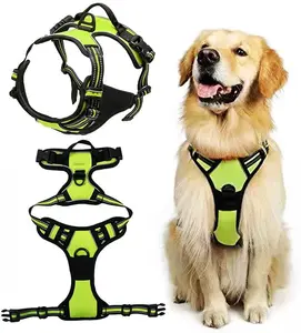 No Pull Reflective Dog Harness, Soft Padded Adjustable Safety Vest for Small Medium Large Dogs, Black Neon Green, Easy Control No Choke Pet Harness for Walking Training, Outdoor Service Dog Vest