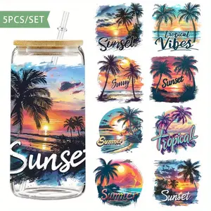 5Pcs/Set Brown Tung Tree By The Beach In Summer 16oz Glass Jars Wrap Transfer Decorative Paper UV DTF High Self-adhensive Decor Transfer Scrapbook Materials DIY Sticker Sticker Packs