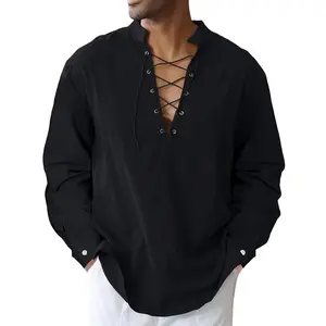 Men's Cotton Linen Shirt Drawstring Armband Tops Medieval Viking Pirate Renaissance Halloween Costume