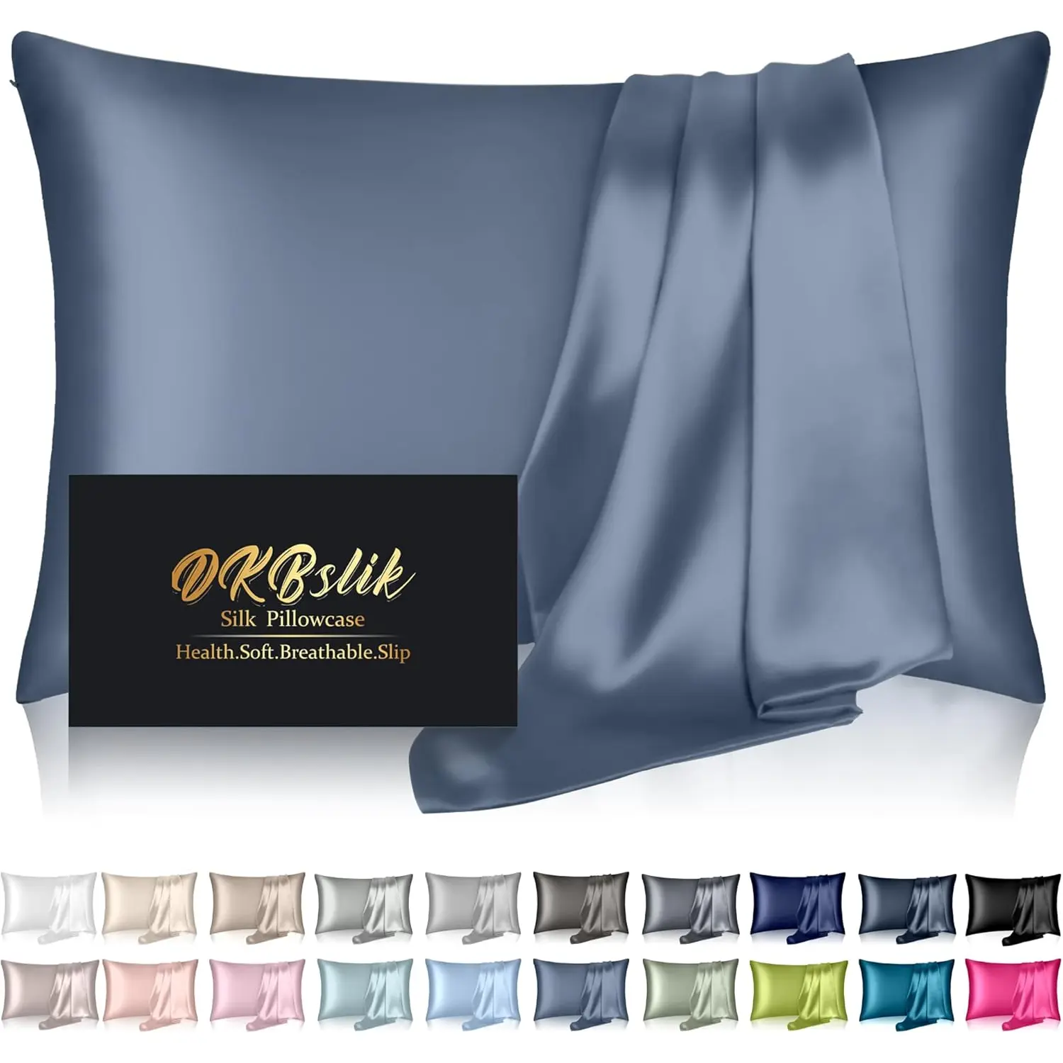 Silk Pillowcase for Hair and Skin, Mulberry Silk Pillow Cases Standard Size, anti Acne Cooling Sleep Both Sides Natural Silk Satin Pillow Covers with Hidden Zipper, Gifts for Women Men, Ash Blue DKBslik