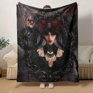 1pc Wednesday & Enigmatic Crow Blanket - Gothic Horror Decor Throw with Wednesday Addams Inspired Design, Soft Flannel All-Season Couch Bedspread for Living Room, Travel, Camping, Office - Warm Haven Textiles