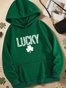 Lucky Three-Leaf Clover Print Hoodie, Saint Patrick's Day Drawstring Sweatshirt, Long Sleeve, Pockets, Soft and Comfortable, Casual Fall & Winter Women's Top