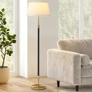 enGlimmer Modern Mid Century Floor Lamp with Soft Linen Shade, 63" Tall Black & Brass Standing Lamp, Weighted Base, Warm Ambient Light for Living Room, Bedroom & Reading Corners (Black & Gold)