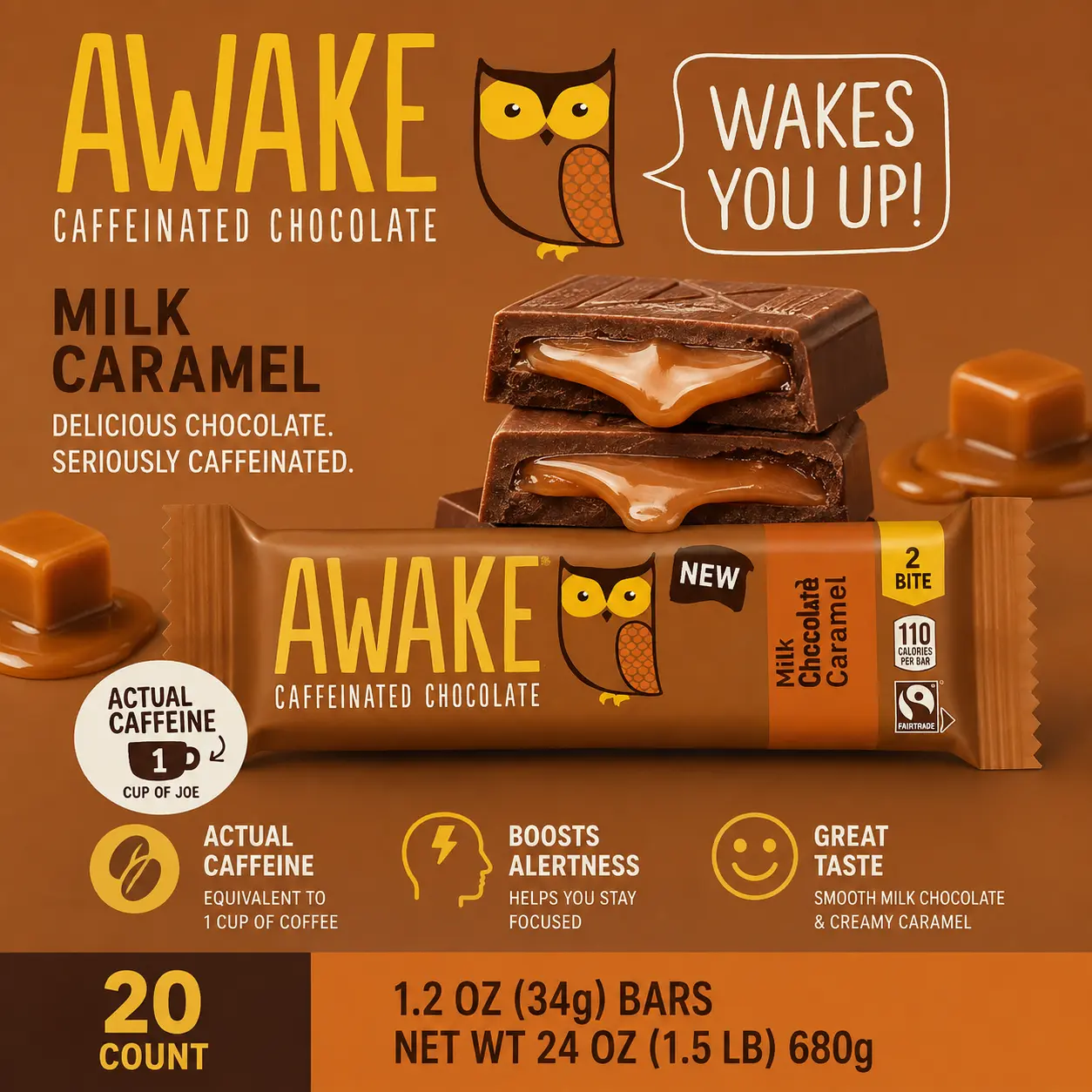 Awake Caffeine Chocolate Bar Milk Caramel 1.2 oz 20 Count Energy Chocolate Snack Bars