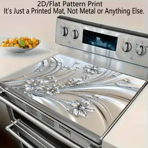 A stove cover protective pad Griddle Cover Mat with a 2D silver metal floral design. This fashionable accessory features heat resistance, slip resistance, and scratch resistance, making it an excellent upgrade to the elegance of your kitchen