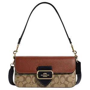 COACH Morgan 27 Classic Monogram Buckle Flap Top Crossbody Handbag for Women in Khaki and Brown