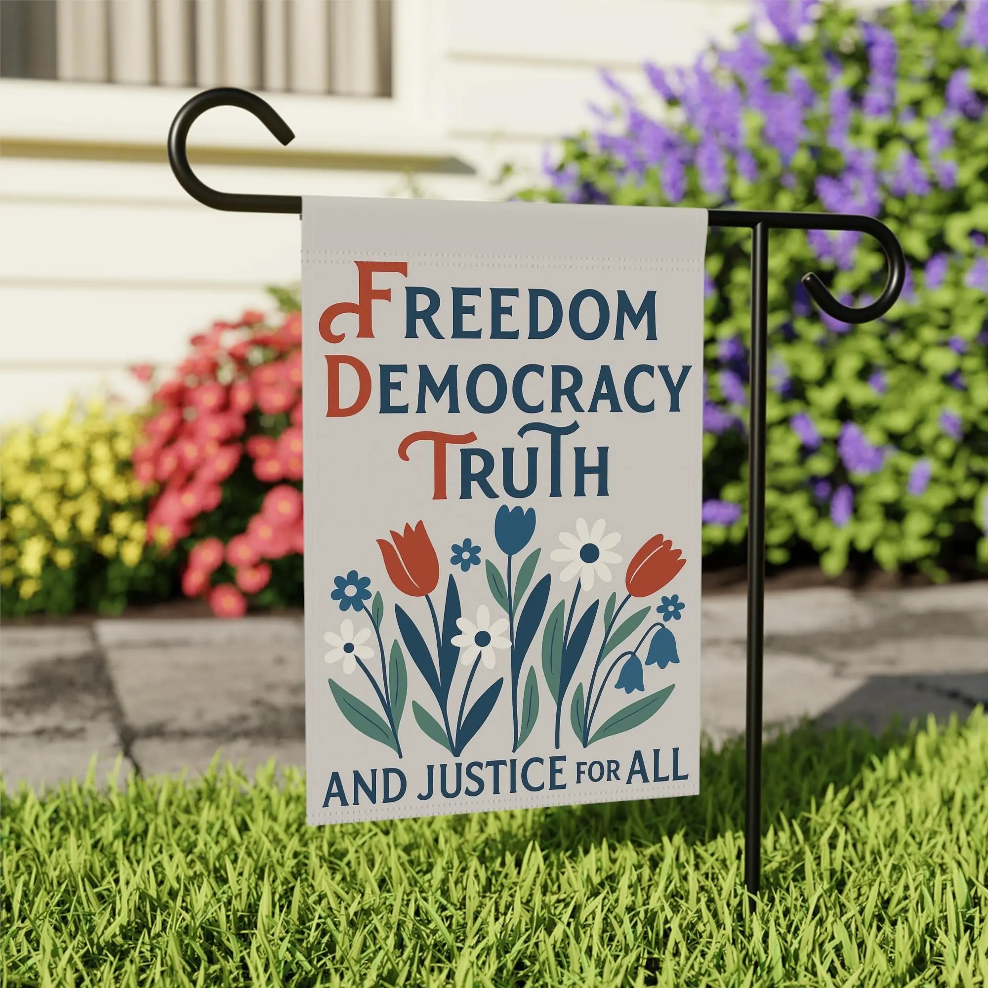 Freedom Democracy Truth Garden Flag, Justice For All House Banner, Floral Patriotic Yard Decor, USA Porch Flag, Civic Outdoor Decor, Outdoor Lawn Flag
