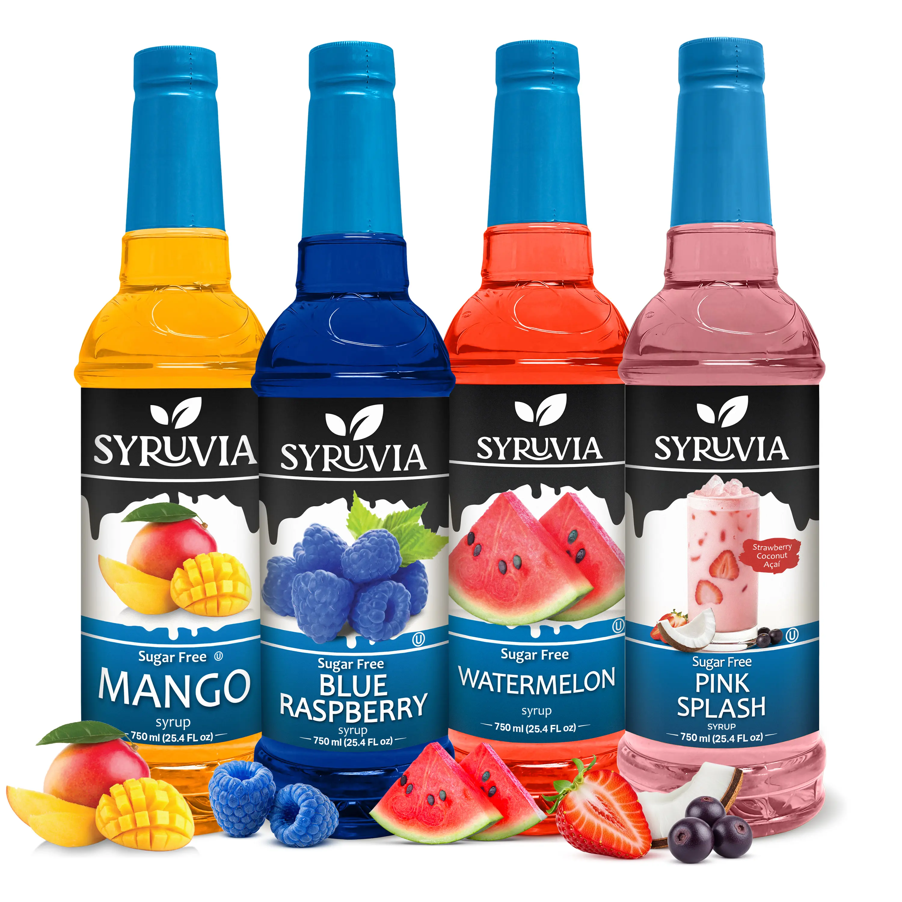 Syruvia Sugar Free Fruit Syrup Variety Pack – Mango, Blue Raspberry, Watermelon & Pink Splash – Gluten-Free, Kosher, 25.4 fl oz Bottles – Perfect for Refreshing Drinks & More (4-Pack)