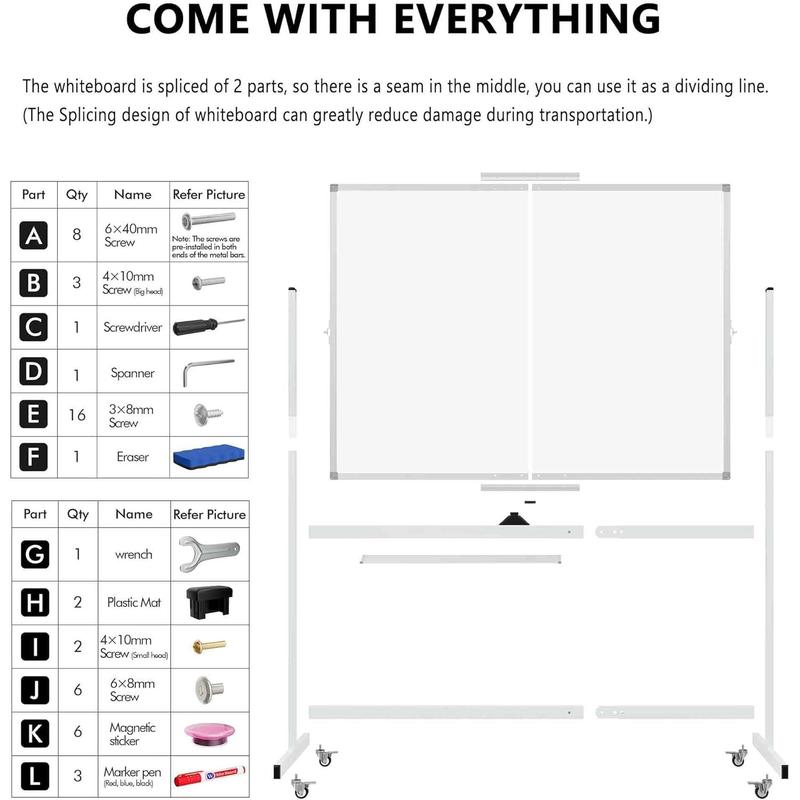 Large Rolling Whiteboard on Wheels, 48" x 36" Double-Sided Mobile White Board with Stand, 4' x 3' Portable Standing  Dry Erase Board Easel for  Office Classroom School,