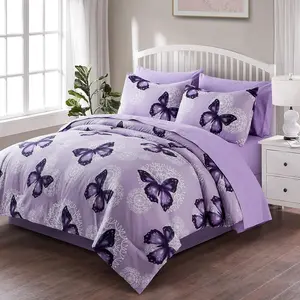 Bed in A Bag Full/ Size 8 count, Purple Butterfly All Season Bedding Comforter Bed Set with Pillow Shams, Flat Sheet, Fitted Sheet, Bed Skirt, Pillowcases