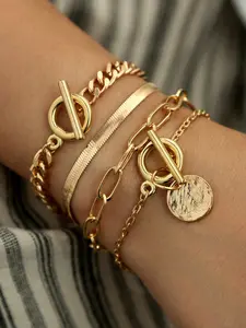Women's Alloy Bracelet Set, OT Buckle Design, Exaggerated Thread Chain, Four-Piece Fashion Accessory, Adjustable Bracelets, Perfect for Daily Wear & Stylish